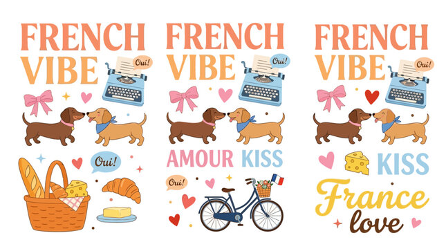 Whimsical French Vibe illustration featuring baguette basket, croissant, bicycle, flowers, wine and romance in pastel colors.