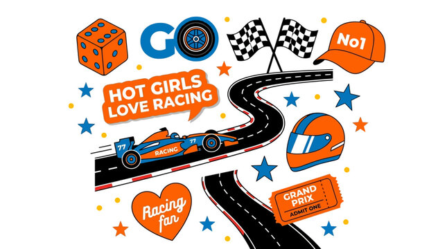 Vibrant sticker collage with racing motifs: car, helmet, checkered flag, dice, and playful racing slogans