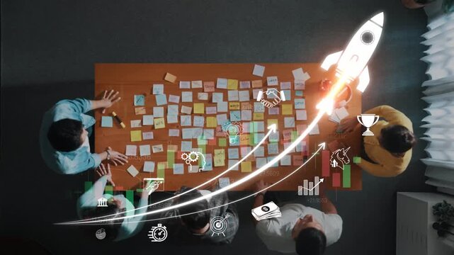 Team Collaboration for Innovation and Strategy Development with Sticky Notes and Rocket Imagery Representing Growth and Success Sigmoid