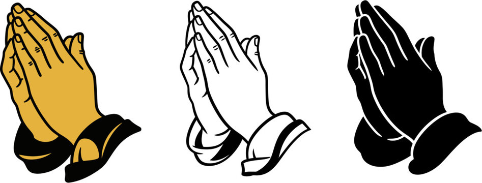 Set of three stylized praying hands illustrations in different color variations, including gold, outline, and black, symbolizing faith and devotion