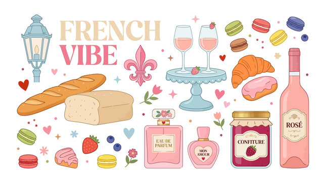 Whimsical French Vibe collage featuring baguette, cheese, croissant, macarons, wine, rose and perfume in a colorful Parisian-inspired still life