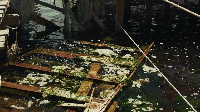 Filthy Sea Water in Dock with Pollution and Murky Texture