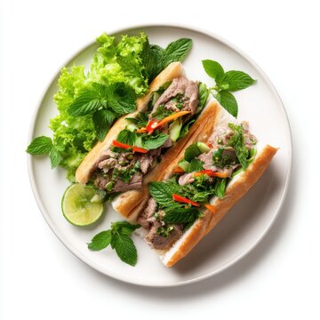 Bnh m with beef slices fresh herbs isolated on a white background