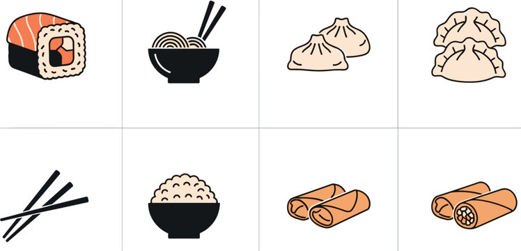 Asian food icon set with sushi ramen dumplings spring rolls rice symbols in clean flat style for web and app design