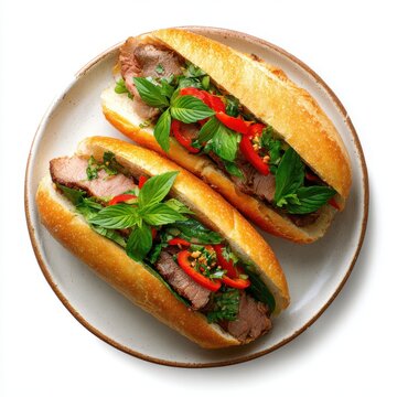 Fresh Bnh m with grilled beef pickled radish and carrots cilantro isolated on a white background
