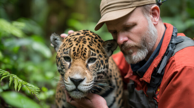  man gently embraces a calm jaguar in a lush green forest, showing a moment of connection between human and wild animal.