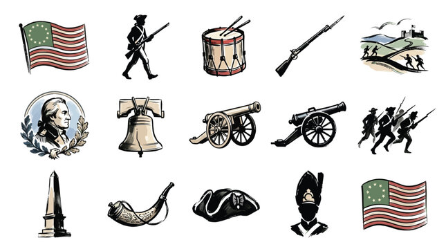 Collection of American Revolutionary War Icons and Symbols.