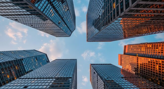 Low angle view of modern city skyscrapers against blue sky