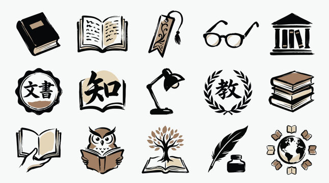 Collection of icons representing education, knowledge, and learning, including books, an owl, a lamp, and symbols.