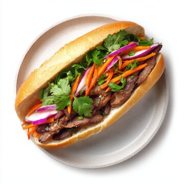 Bnh m with grilled beef pickled radish and carrots cilantro isolated on a white background
