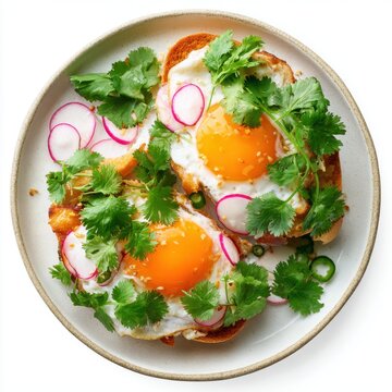 Bnh m with fried eggs pickled radish and cilantro isolated on a white background