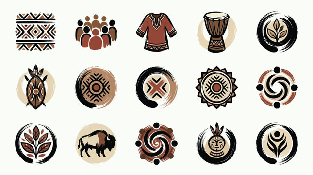 Collection of indigenous cultural symbols and icons, including tribal patterns, people, clothing, musical instruments, and nature-inspired emblems.