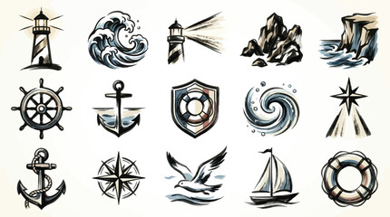 A collection of nautical-themed icons featuring lighthouses, waves, anchors, ships' wheels, and compass roses. © Renald