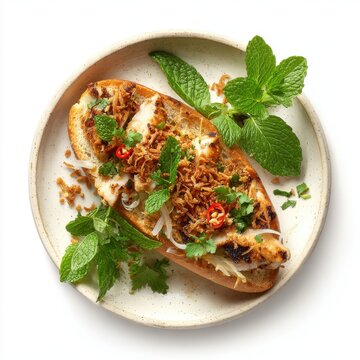 Bnh m with grilled beef pickled radish and carrots cilantro isolated on a white background