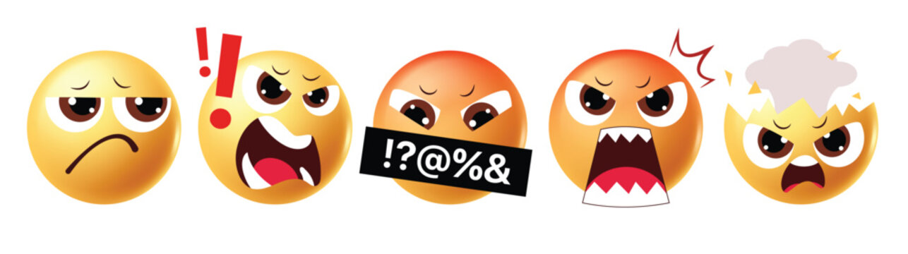 Set of 3D Angry Emoji Icons Featuring Swearing Shouting and Exploding Head Expressions Vector Illustration