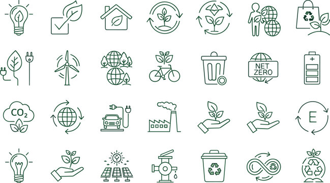 Modern Sustainable Energy and Net Zero Icon Set Featuring Green Technology Renewable Power Carbon Neutrality Recycle Symbols and Eco Friendly Industrial Solutions for Vector Designs