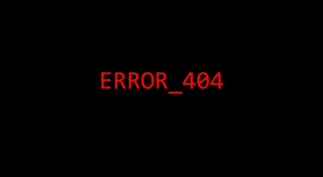 Glitchy red error 404 text animation on animation black background, for web