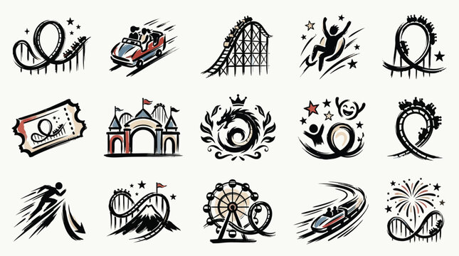 A collection of stylized icons representing various amusement park attractions and activities, including roller coasters, tickets, and fireworks.