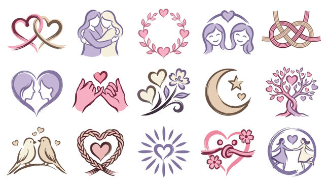 Collection of stylized icons representing love, relationships, and commitment, featuring hearts, couples, and symbolic imagery.
