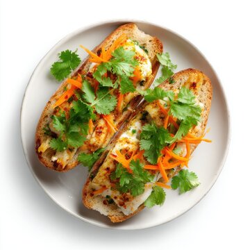 Bnh m with grilled fish fresh cilantro and pickled carrots isolated on a white background
