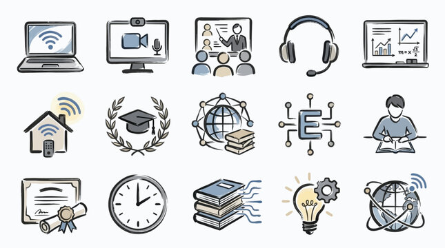 Collection of hand-drawn icons representing online education, learning, and technology concepts.
