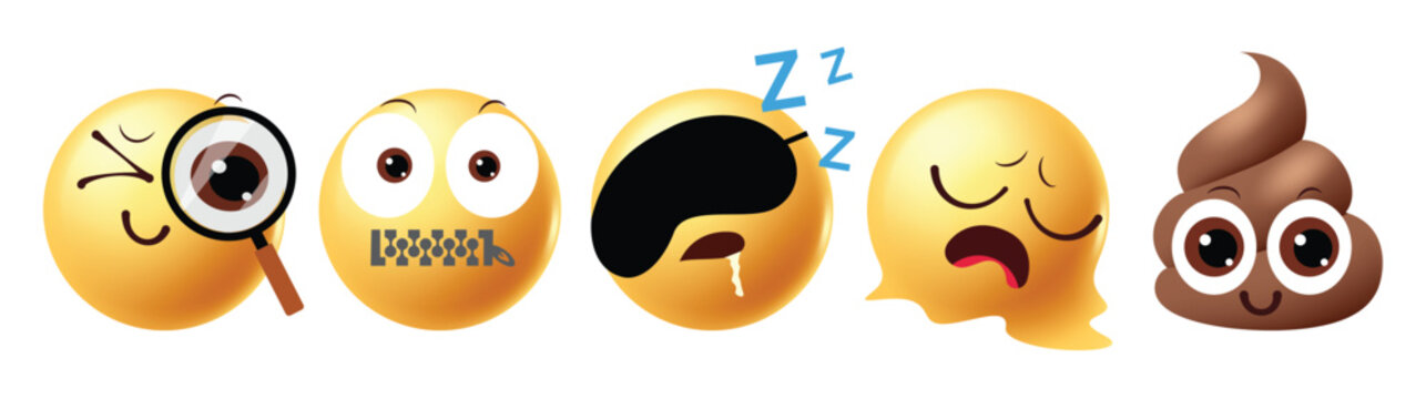 Set of 3D Emoji Icons Featuring Detective Zipper Mouth Sleeping Melting and Poop Vector Illustration