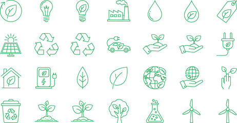 Sustainability and Environmental Ecology Line Icon Set Featuring Solar Panels Wind Turbines Recycling Symbols Electric Vehicle Charging and Eco Friendly Industrial Factory Icons © Art by Chandon