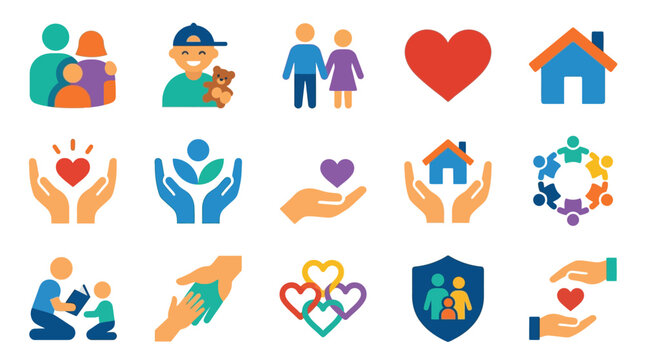 Collection of icons representing family, care, community, and support services.