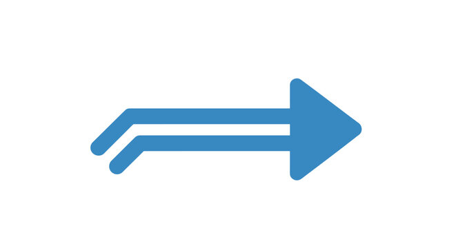 Blue right pointing arrow icon with curved shaft isolated