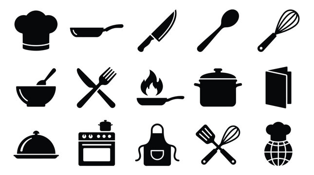 A collection of black silhouette icons representing various kitchen utensils, cooking equipment, and chef attire, arranged in a grid.