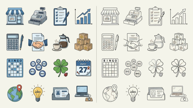 A collection of hand-drawn icons representing various business and financial concepts, presented in both color and outline versions.