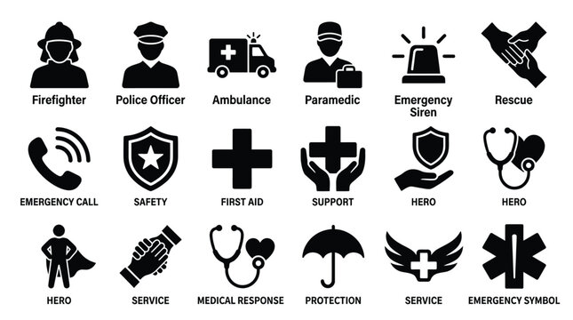 Collection of emergency service and medical response icons, including firefighters, police officers, ambulances, paramedics, and various symbols representing safety, first aid, and heroism.