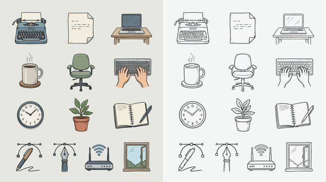 A collection of colorful and monochrome illustrations depicting various office and work-related items, including a typewriter, laptop, coffee mug, and office chair.