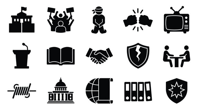 A collection of 15 black and white icons representing various concepts related to government, protest, law, and media.