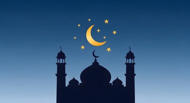 Islamic mosque silhouette with crescent moon and stars at dusk