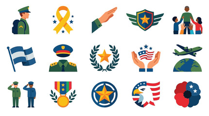 Collection of patriotic and military-themed icons representing service, honor, and remembrance. © GJ