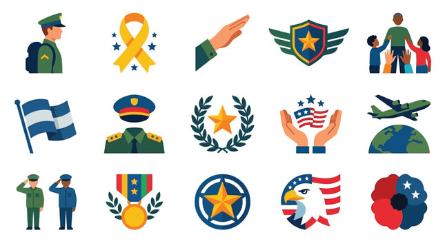 Collection of patriotic and military-themed icons representing service, honor, and remembrance.