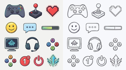 Collection of colorful and outline icons representing various gaming elements and symbols. © renender