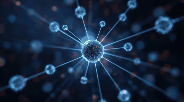 Quantum link particle network glowing sphere connected nodes futuristic technology