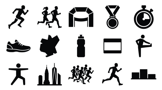 Collection of running and sports-related icons, including runners, a finish line, medals, stopwatch, shoes, water bottle, and a podium.