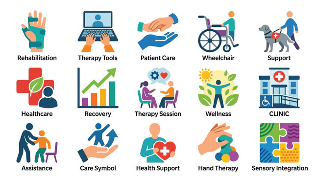 Collection of icons representing various aspects of healthcare, therapy, and patient support services, including rehabilitation, therapy tools, patient care, wheelchairs, and assistance.