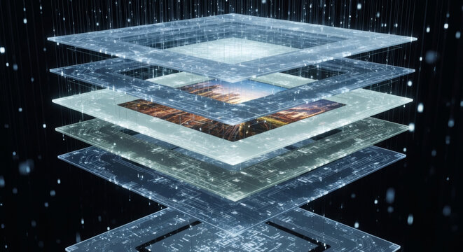 Conceptual visualization of digital data layers processing a photographic image within an advanced technological framework, illustrating information architecture