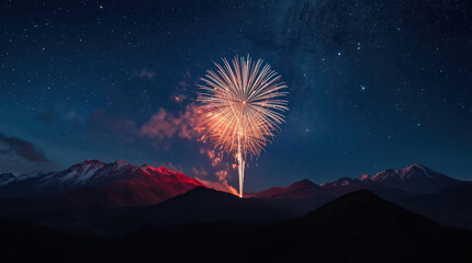 Fototapeta premium Fireworks bloom above snowcapped mountain peaks under starry night sky, warm glow visible