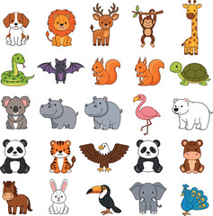 Fototapeta premium Cartoon Animal Vector Set with Various Wild and Domestic Creatures, Including Dogs, Lions, Giraffes, Snakes, and More