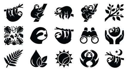 Fototapeta premium Collection of black and white icons depicting sloths in various poses and environments, including jungle foliage, branches, and protective hands.