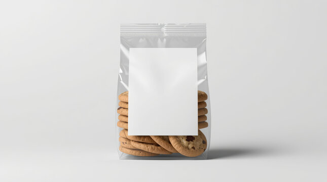 Clear plastic bag of stacked chocolate chip cookie white background, minimal food packaging