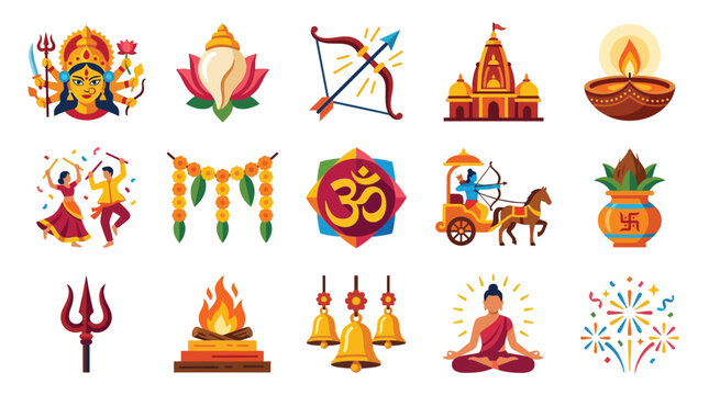 Collection of Hindu religious symbols and cultural icons, including deities, temples, and festive elements.