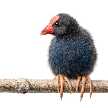 A fluffy purple swamphen chick perches delicately on a branch, looking curiously to the side against a clean white studio backdrop.