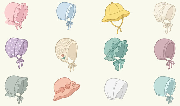 Hand drawn baby bonnet icons collection with vintage style hats for newborn infants and toddlers