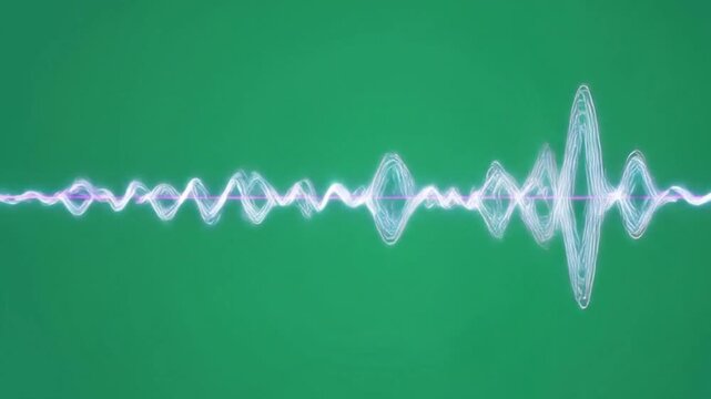 Abstract sound wave visualization with vibrant glowing amplitude on a solid green background, representing audio signals and digital frequencies